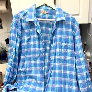 FAHERTY Mens Xxl 66% Cotton 19%Linen Mens plaid blue n white shirt